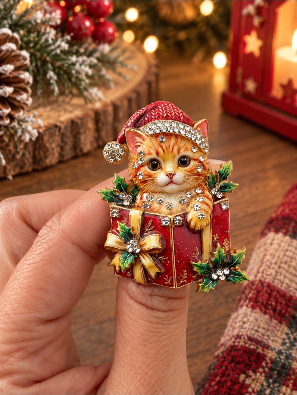 Red Holiday Cat Brooch